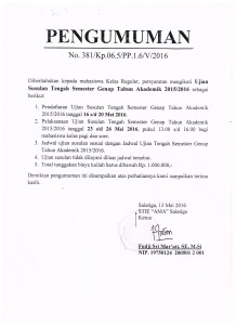Pengumuman tentang Ujian Susulan Tengah Semester Genap kelas Reguler