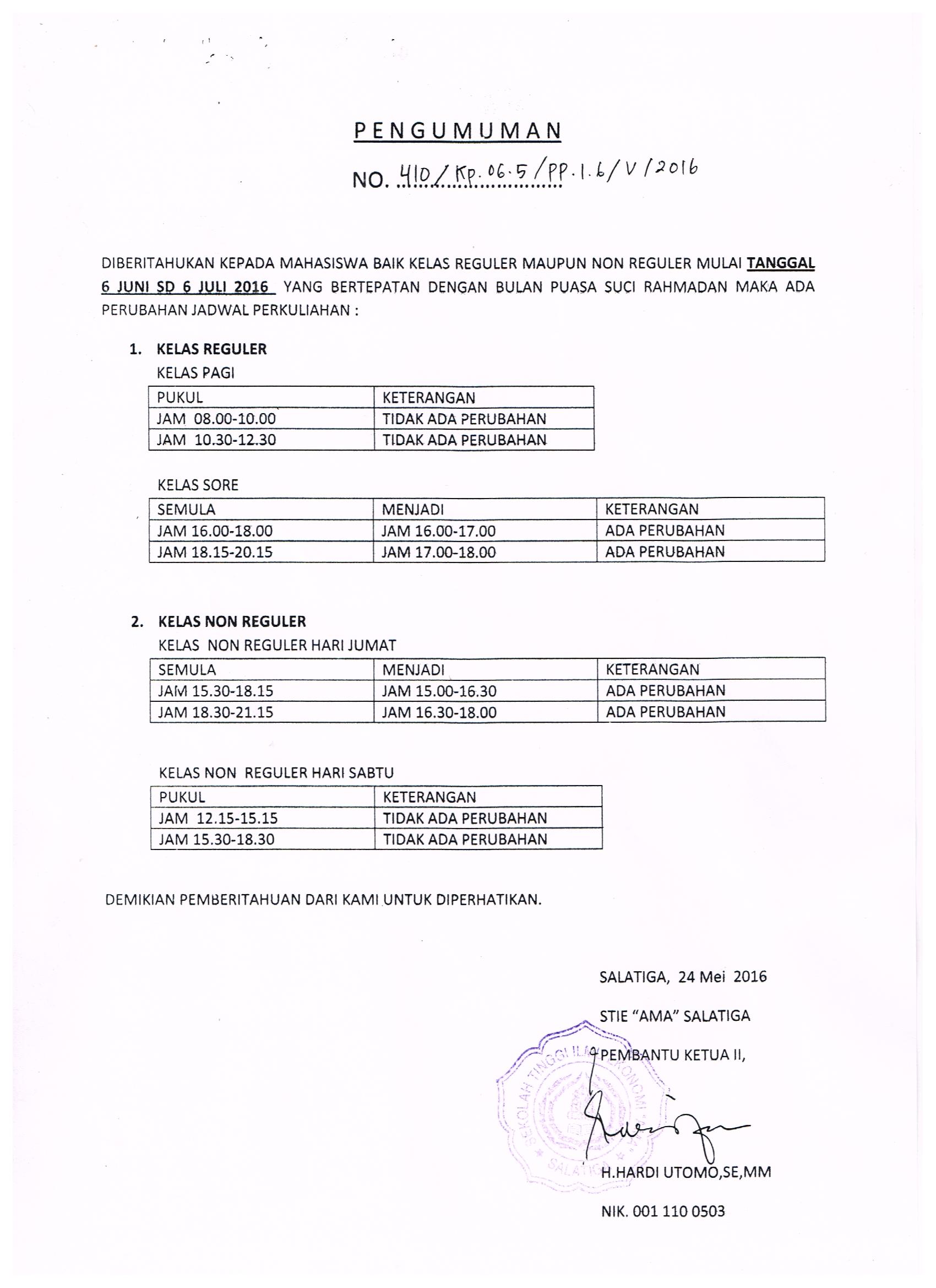 Pengumuman Perubahan Jadwal Kuliah selama Bulan Ramadhan kelas Reguler dan NonReguler