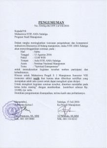 Pengumuman Seminar Manajemen “Spiritual Entrepreneur”, Wajib bagi S1 Manajemen semester VIII