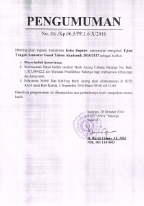 Pengumuman Pra UTS kelas Reguler Th. Akademik 2016/2017 Gasal