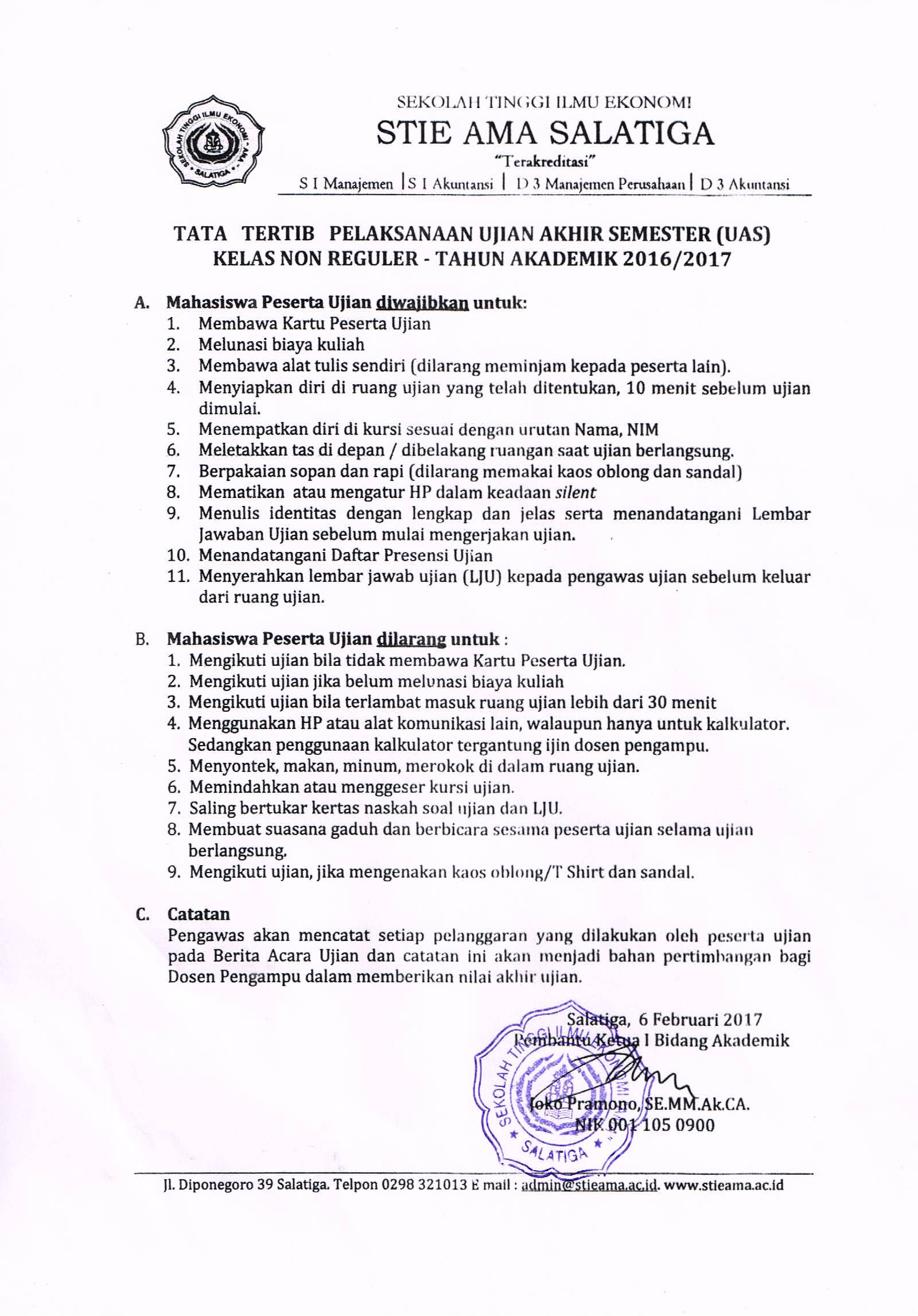 TATA TERTIB PELAKSANAAN UJIAN AKHIR SEMESTER KELAS NON REGULER TH