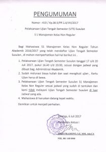 Pengumuman jadwal dan pelaksanaan Ujian Tengah Semester (UTS) Susulan kelas Non Reguler