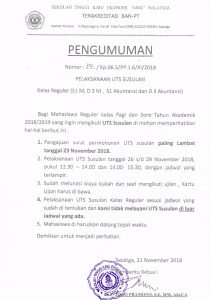 Pengumuman tentang Pelaksanaan UTS Susulan Kelas Reguler