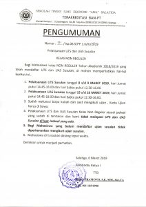 Pengumuman Pelaksanaan UTS & UAS Susulan Kelas Non Reguler