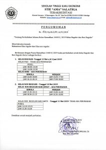 Pengumuman Perubahan Jadwal Kuliah selama Bulan Ramadhan kelas Reguler dan NonReguler