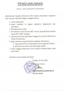 PENGUMUMAN UJIAN SUSULAN UAS KELAS REGULER